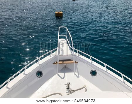 The Stem, The Front, The Bow Of The Ship, The Boat, The Cruise Liner On The Background And The Buoys