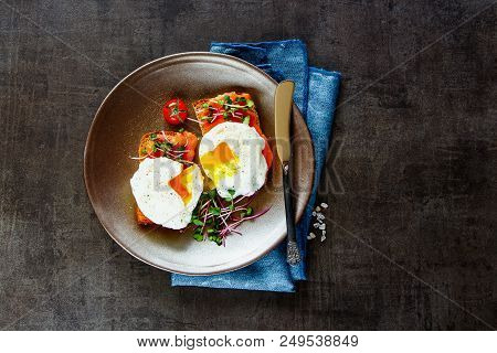 Breakfast Or Lunch Toasts On Plate Flat Lay. Smoked Salmon Toasts With Micro Greens And Poached Eggs
