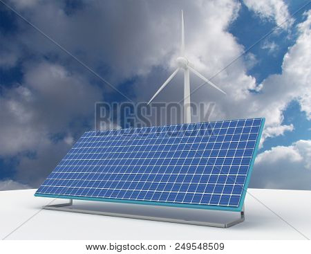 Renewable Energy Concept With Grid Connections Solar Panels And Wind Turbines. 3d Rendered Illustrat