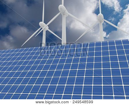 Renewable Energy Concept With Grid Connections Solar Panels And Wind Turbines. 3d Rendered Illustrat