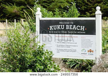 Manakau, New Zealand - February 27, 2016: Kuku Beach Information Board, Manawatu, New Zealand.