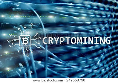 Cryptocurrency Mining Concept On Server Room Background.