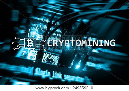 Cryptocurrency Mining Concept On Server Room Background.