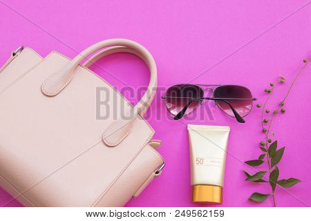 Natural Cosmetics For Skin Face Sunscreen Spf50 And Sunglasses Pink Hand Bag Accessories Of Lifestyl