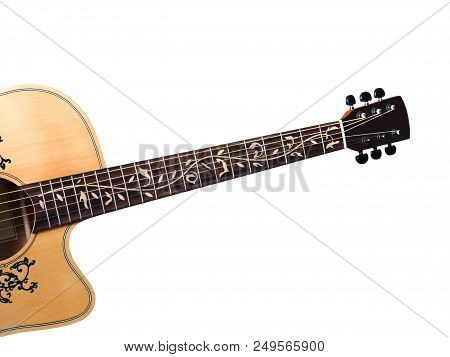 Acoustic Guitar, Flower Inlay On Fingerboard Around Sound Hole, With Clipping Path, Isolated On Whit