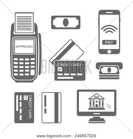Paymants And Banking Vector Black Icons And Design Elements Isolated On White Background