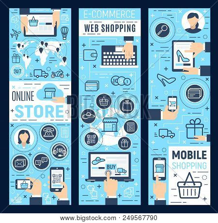 E-commerce And Mobile Shopping Line Art Promo Banners. Online Store Infographics With Outline Icons 