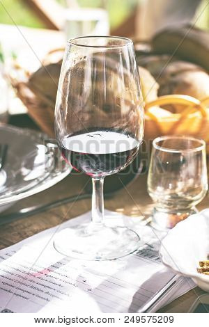 Glasses With Wine. Tasting Wine In The Vineyard.