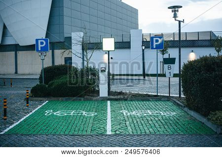 A Special Place For Charging Electric Cars Or Vehicles In Lisbon In Portugal. A Modern And Eco-frien