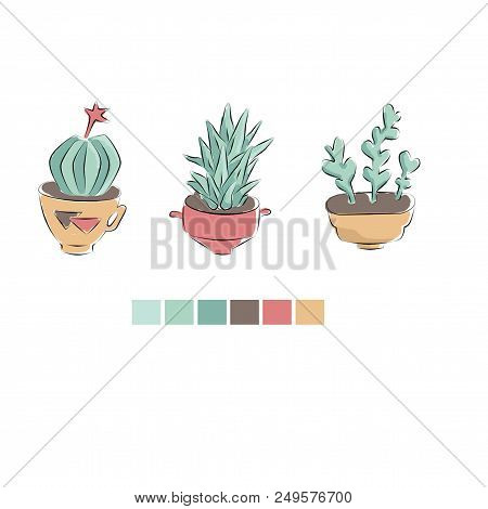 Different Set Of Hand Drawn Cactus In Mexican Style. Succulent In The Pot.