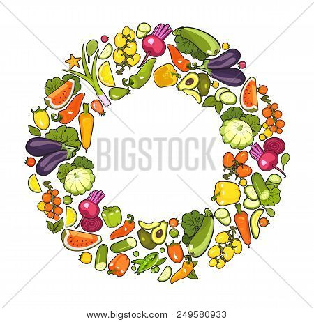 Vector Set Of Fresh Fruit Vegetables Laid Out In A Circle In A Frame With An Empty Space For Notes O
