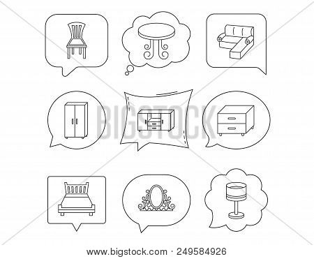 Corner Sofa, Table And Cupboard Icons. Chair, Lamp And Nightstand Linear Signs. Vintage Mirror, Doub