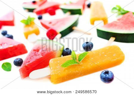 Summer Patterm - Watermelon Slice Popsicle, Fruit  Ice-cream And Berries On White Background. Flat L