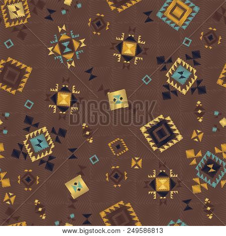 Geometric Embroidery Style. Ethnic Seamless Pattern. Abstract Aztec Background. Digital Or Wrapping 