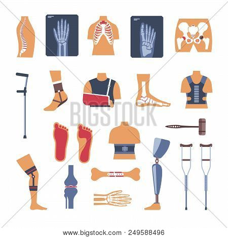 Orthopedics Medicine And Treatment Vector Icons. Isolated Flat Set Of Joints X-ray, Hand Bone Fractu