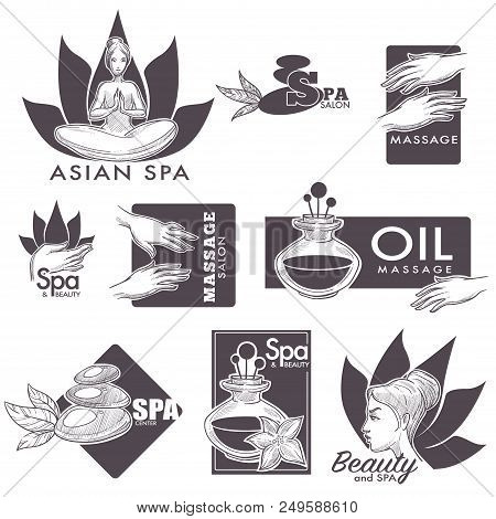 Beauty Spa Salon And Asian Massage Wellness Center Vector Sketch Logo Or Zen Meditation Lotus, Woman