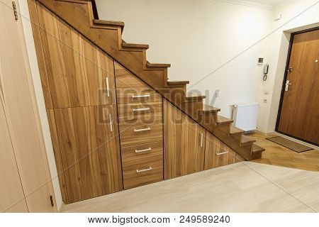 Modern Architecture Interior With  Luxury Hallway With Glossy Wooden Stairs In Modern Storey House. 