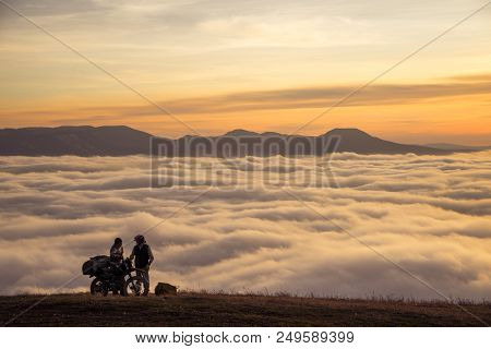 Two Tourists Motorcyclist In The Mountains. Demerdzhi, Crimea. 2016-03-07