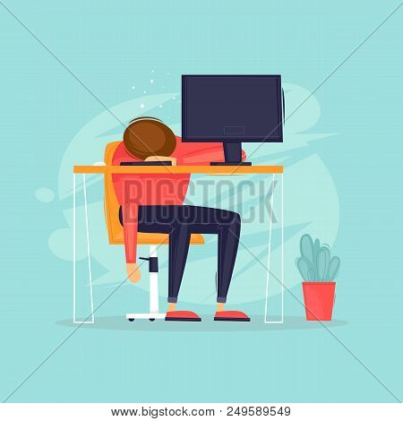 Sleeps At The Table, Long Hours Of Work, Business, Office Life. Flat Design Vector Illustration.
