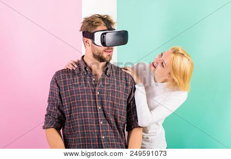 Man Vr Glasses Enjoy Video Game. Girl Happy He Like Her Gift. Gift Ideas For Men. Make Him Happy Gif