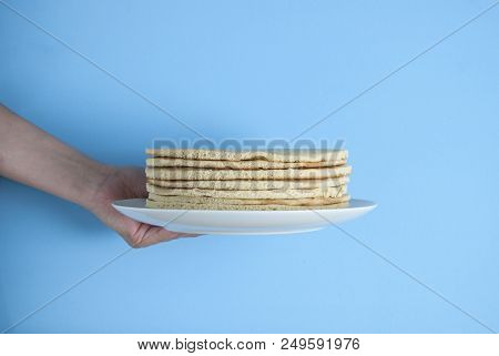 Cakes For A Honey Cake Homemade Dessert Blue Background