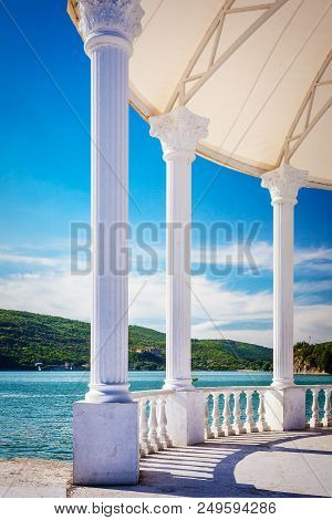White Colonnade On The Lakeside In Abrau-durso Village Near The Winery , Russia