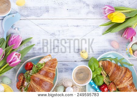 Easter Breakfast Flat Lay With, Bread Toast With Fried Egg And Gre, Colored Quail Eggs And Spring Ho