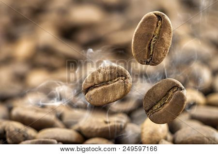 Flying Fresh Coffee Beans As A Background With Copy Space. Coffee Beans Falling Down With White Stea