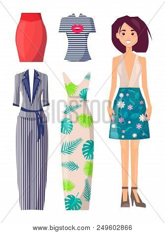 Young Girl In Skirt With Flower Print And Spare Clothes. Girl In Light Top And Midi Skirt On Heels. 