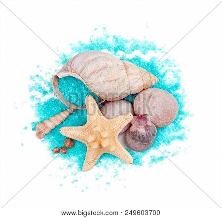 Sea Shells And Sea Stars With Sea-green Sea Salt Isolated On White Background