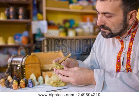 Professional Male Potter In Russian Ethnic Shirt Making Clay Figure For Medieval Popular Strategy Bo