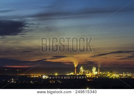 Panorama View Of Cement Plant And Power Sation At Night In Ivano-frankivsk, Ukraine