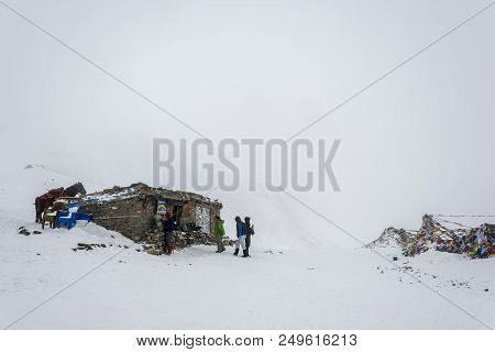 Track Around Annapurna, Nepal-07.04.2018: On The Snowy Thorong La Pass On April 7, 2018 On The Track