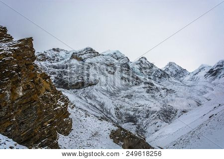 Mountain Landscape On The Snow-covered Thorong La Pass, Nepal.