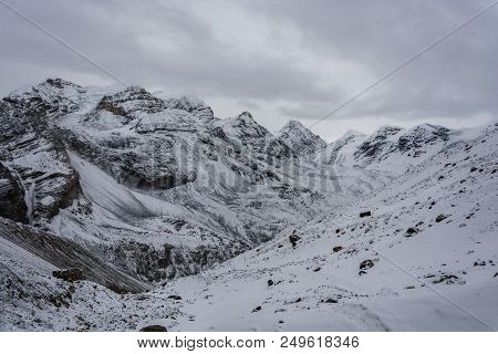 Mountain Landscape On The Snow-covered Thorong La Pass, Nepal.