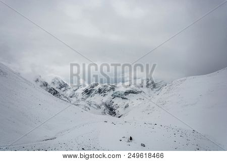 Mountain Landscape On The Snow-covered Thorong La Pass, Nepal.