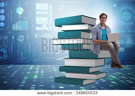 Young man in telelearning concept with laptop and books