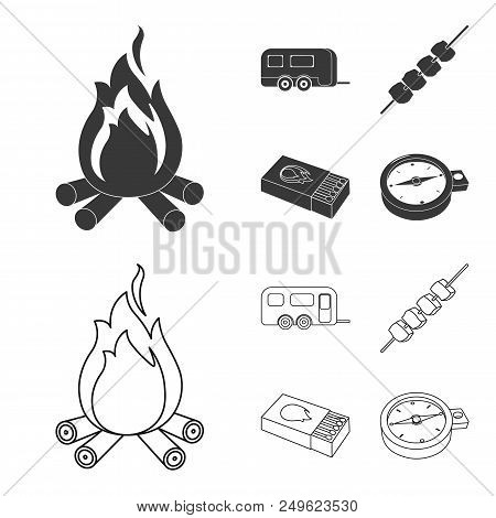 Trailer, Shish Kebab, Matches, Compass. Camping Set Collection Icons In Black, Outline Style Vector 