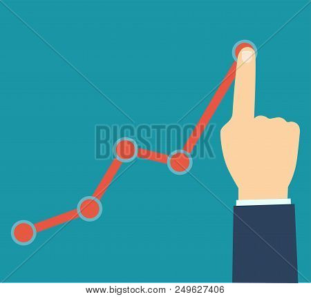 Finger Up Holding Chart Arrow. Businessman Manages Financial Growth Graph. Profit Growing Concept. B