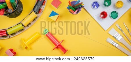 Day Care Concept - Toy And Art Supply, Top View, Copy Space