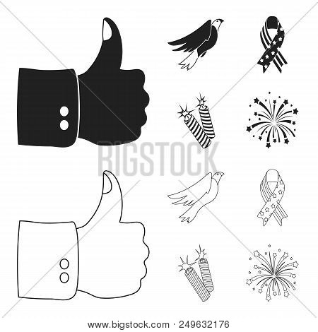 American Eagle, Ribbon, Salute. The Patriot Day Set Collection Icons In Black, Outline Style Vector 