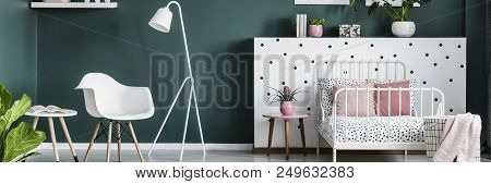 Reading Corner With Chair, Book On End Table And Metal Lamp In Green Bedroom Interior For Teenager W