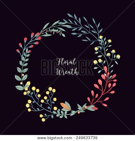 Floral Wreath Hand Drawn Vector Circular Decorative Elements For Your Design. The Set Of Hand Drawn 