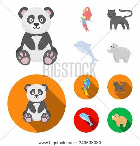 Panda.popugay, Panther, Dolphin.animal Set Collection Icons In Cartoon, Flat Style Vector Symbol Sto