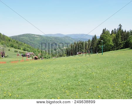 View Of Green Grassy Field And Forest At Beskid Mountains Range Landscapes In European Salmopol Pass