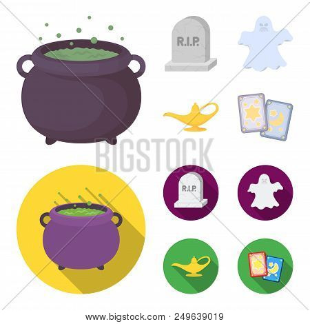 A Witch Cauldron, A Tombstone, A Ghost, A Gin Lamp.black And White Magic Set Collection Icons In Car