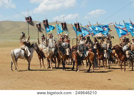 Ulaanbaatar, Mongolia - August 17, 2006: Unidentified Mongolian Horse Riders Take Part In The Tradit