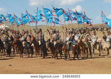 Ulaanbaatar, Mongolia - August 17, 2006: Unidentified Mongolian Horse Riders Take Part In The Tradit