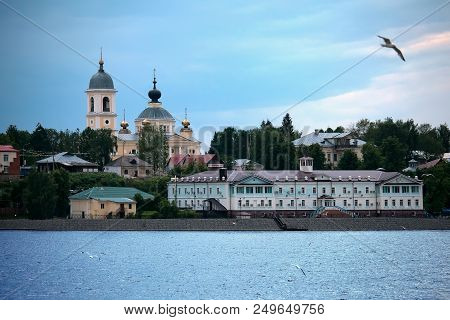 Town Of Myshkin On Banks Of River Volga In Summer Evening.