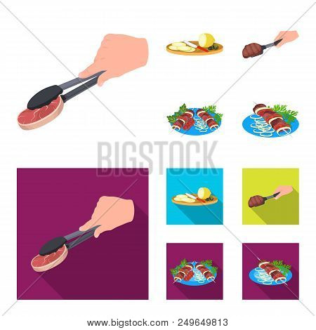 Tongs With Steak, Fried Meat On A Scoop, Slicing Lemon And Olives, Shish Kebab On A Plate With Veget